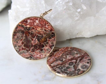 agate slice earrings,  round shaped earrings, gold earrings, gift for her, red stone