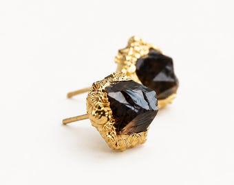 18k Gold Dipped Raw Smoky Quartz Stud Earrings