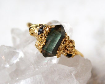 Labradorite ring, raw diamonds, black tourmaline, raw crystal jewelry, raw stone ring, october birthstone