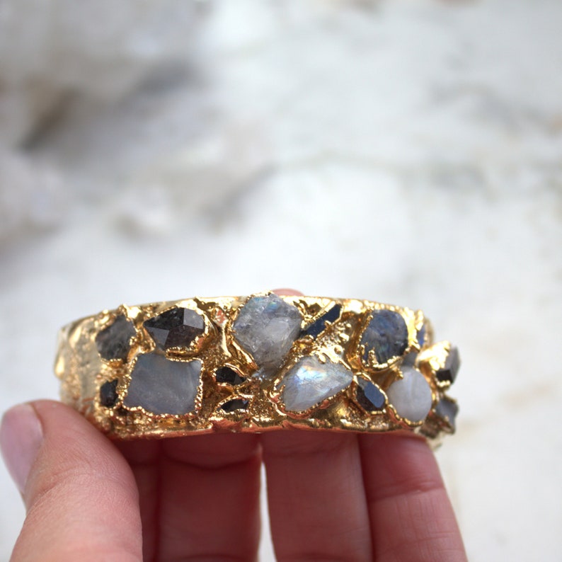 moonstone bracelet, raw gemstone, herkimer diamond, cuff bracelet, raw crystal bracelet, gemstone cuff, stacking bracelet, gift for her image 4