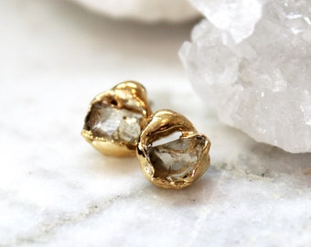 raw crystal earrings, sunstone studs, oregon sunstone earrings, raw gemstone earrings, raw studs, gold stud earrings