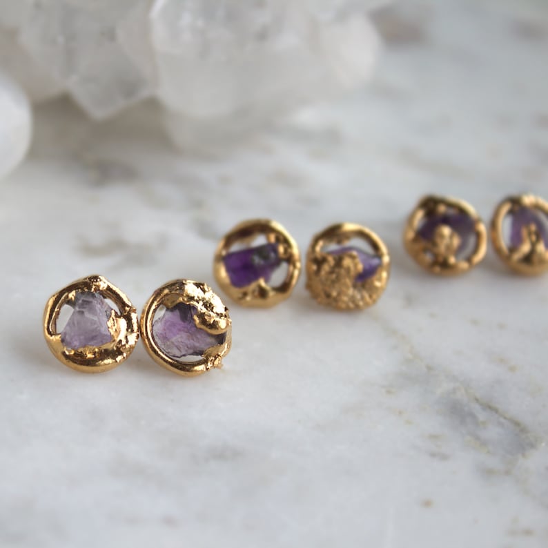 raw purple amethyst crystal gemstone gold stud earrings image 2