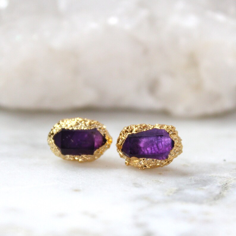 Amethyst Earrings, Raw Crystal Studs, Gold Crystal Earrings, Crystal