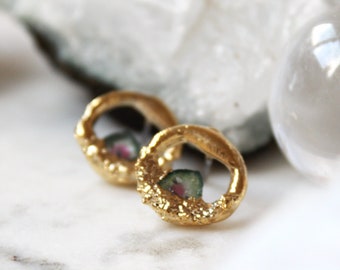 Tourmaline slice earrings, Watermelon tourmaline, October birthstone, Gold earrings, Raw gemstone jewelry, Gift for her