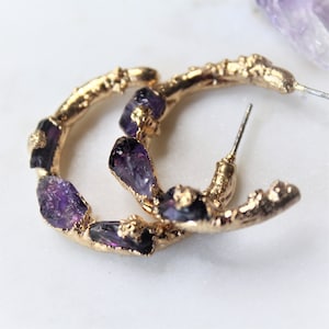 amethyst earrings, raw hoop earrings, february birthstone, raw amethyst, gold earrings, gold hoops, statement earrings