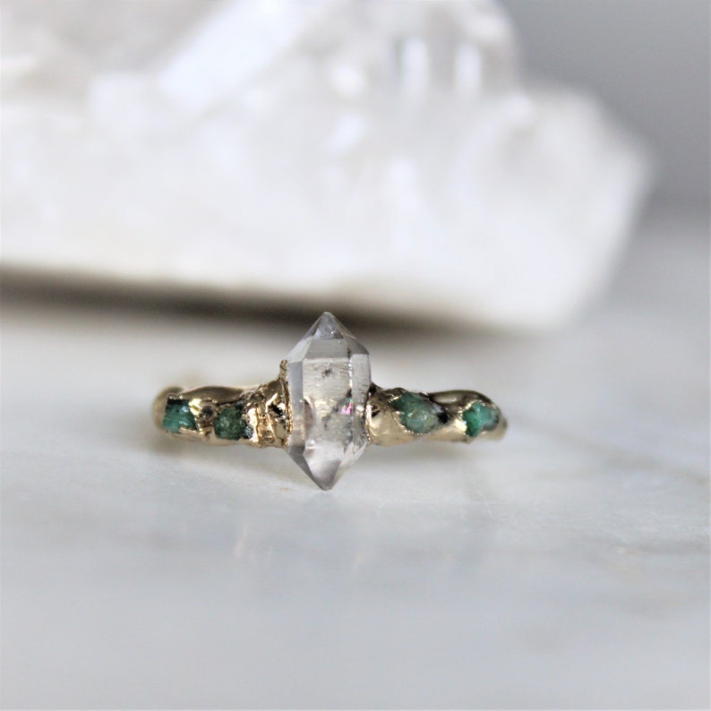 herkimer diamond ring, raw crystal jewelry, emerald ring, raw emerald, raw stone ring, may birthstone 