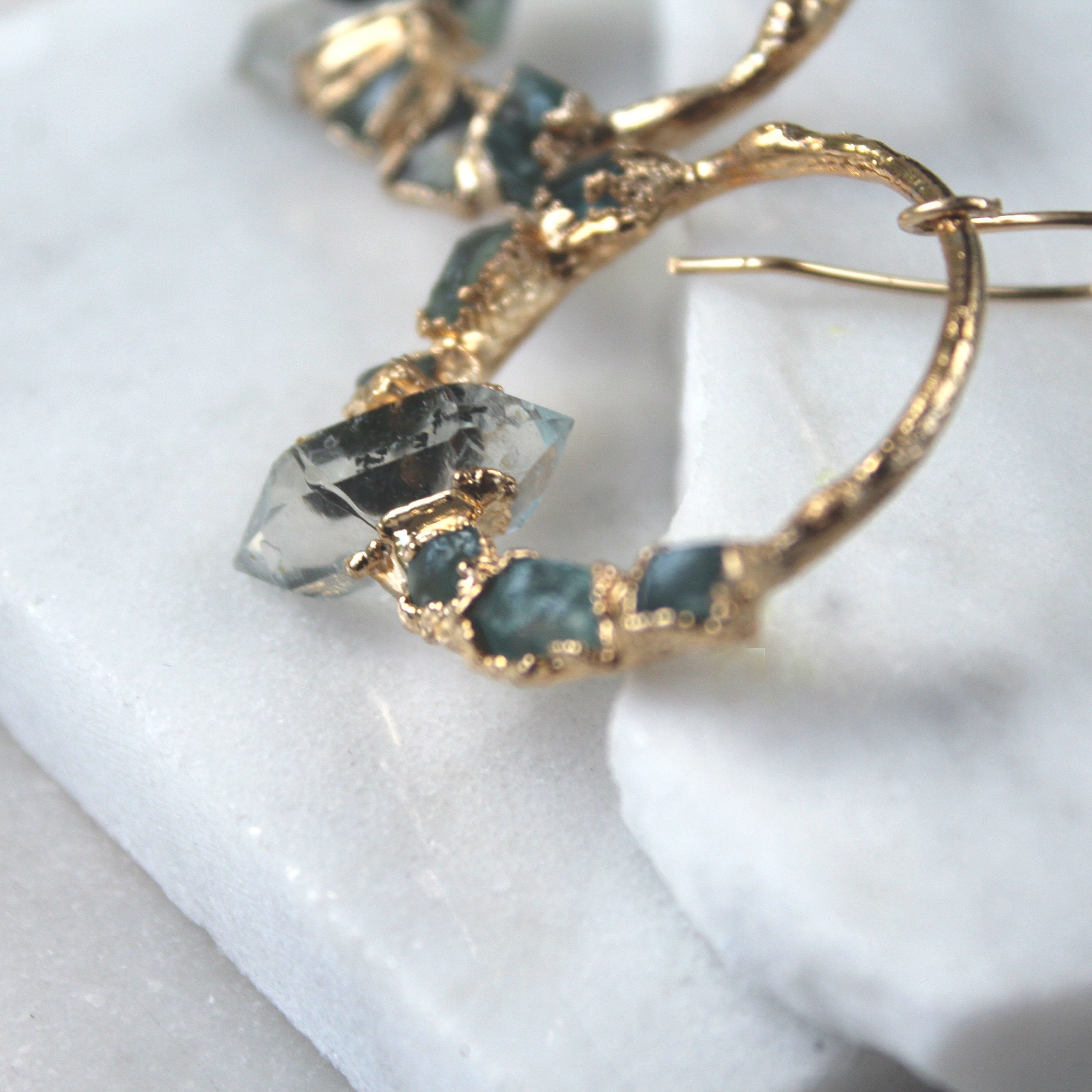 Herkimer Diamond & Apatite Earrings: Raw Crystal Gold Dipped Post Earrings