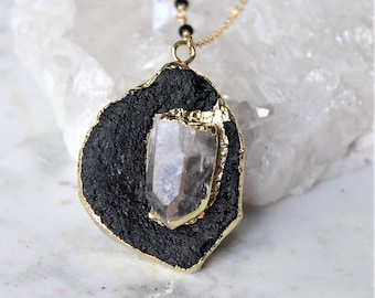 crystal necklace, tourmaline necklace, black stone pendant, gift for her, electroformed jewelry, crystal necklace