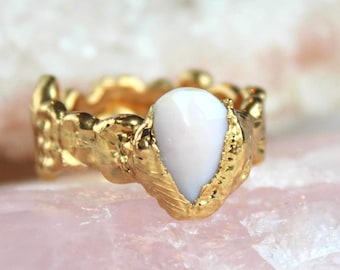 Peruvian Opal Ring: 18k Gold Dipped Raw Stone Jewelry, Size 7, Ooak