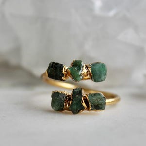 Raw Emerald Ring, 18k Gold Dipped Gemstone, Size 7