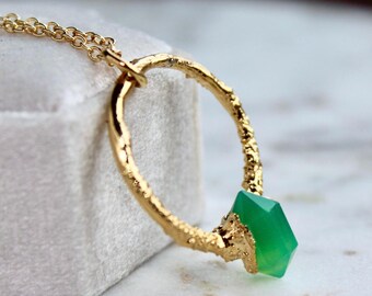 Chrysoprase necklace, faceted stone, green stone pendant, gift for her, electroformed jewelry, crystal necklace