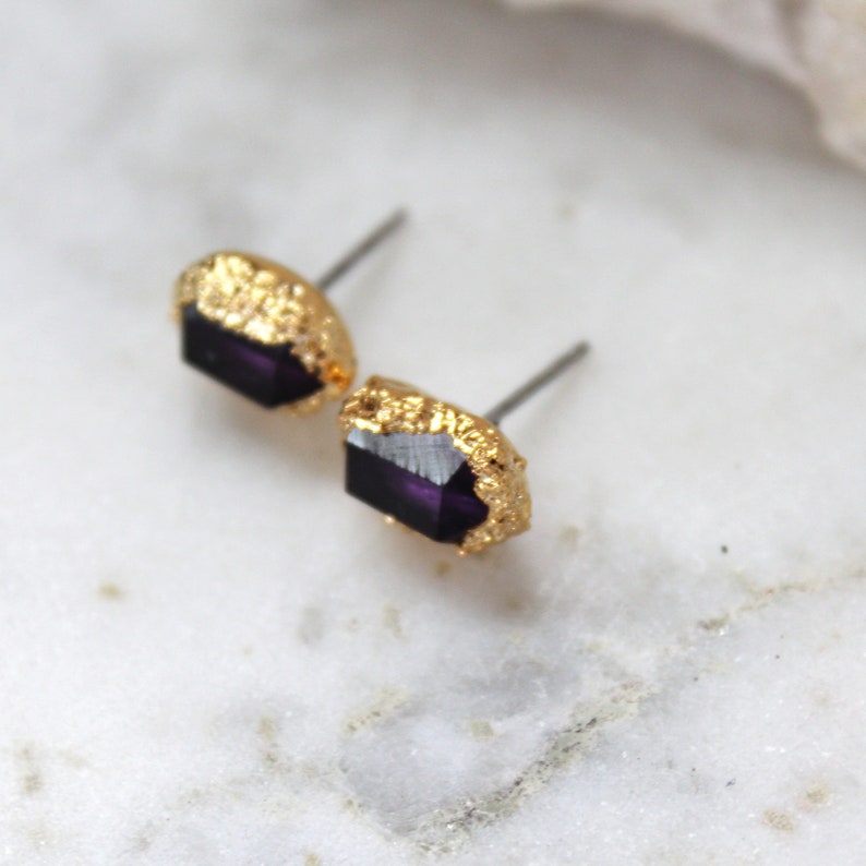 Amethyst Earrings, Raw Crystal Studs, Gold Crystal Earrings, Crystal
