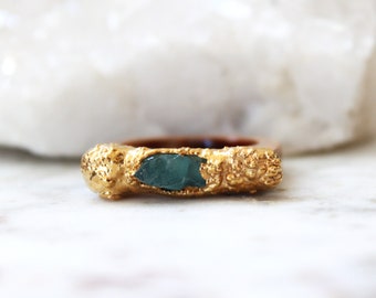 Apatite Ring, Birch Wood, Organic Statement, Textured Gold, Gift For Her, Blue stone, Raw gemstone jewelry