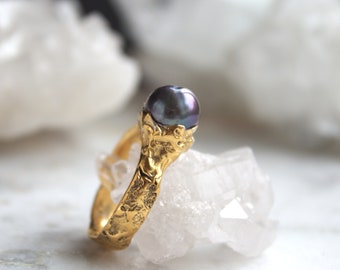 Tahitian pearl ring, statement ring, textured jewelry, sterling silver, size 8, mothers day