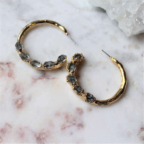 Herkimer diamond earrings raw crystal earrings rough hoops