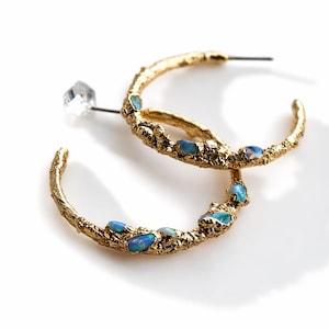 Raw Fire Opal Earrings: 18k Gold Dipped Hoop Earrings