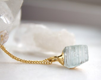 raw aquamarine necklace, raw stone necklace, gold necklace, march birthstone, blue stone pendant, aquamarine necklace