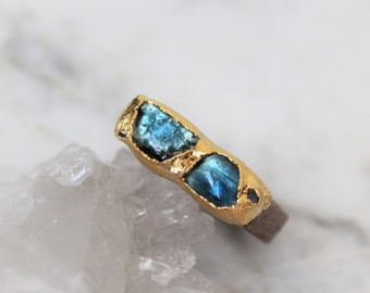Tourmaline Ring, Walnut Wood, Organic Statement, Textured Gold, Gift For Her, Blue Tourmaline, Raw Diamond Ring
