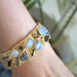 moonstone bracelet, raw gemstone, herkimer diamond, cuff bracelet, raw crystal bracelet, gemstone cuff, stacking bracelet, gift for her image 6