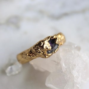 Raw amethyst ring, textured gold, February birthstone, purple gemstone