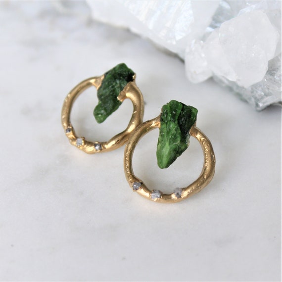 raw diamond earrings, chrome diopside earrings, crystal earrings,raw stone earrings, gold earrings, crystal statement