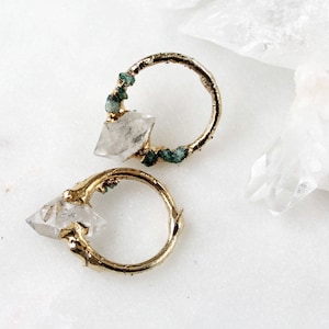 herkimer diamond earrings, raw crystal earrings, emerald earrings, post earrings, raw emerald, raw stone earrings image 4