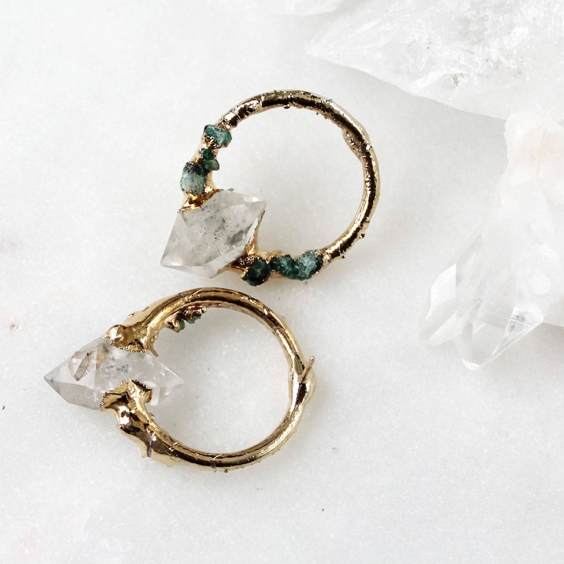 herkimer diamond earrings, raw crystal earrings, emerald earrings, post earrings, raw emerald, raw stone earrings image 4