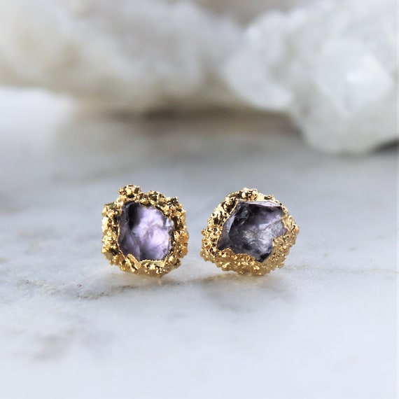 raw purple amethyst crystal gemstone gold stud earrings