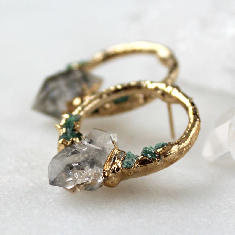 herkimer diamond earrings, raw crystal earrings, emerald earrings, post earrings, raw emerald, raw stone earrings image 1