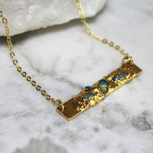Raw Opal Bar Necklace: Textured 18k Gold Dipped Pendant