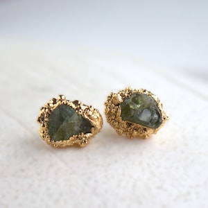 peridot stud earrings, peridot studs, gold earrings, gold studs, raw peridot, gifts for her, organic jewelry