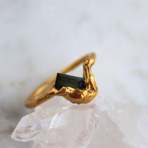 tourmaline ring, faceted stone, recycled silver ring, gold dipped, waterproof, green tourmaline, boho ring, october birthstone