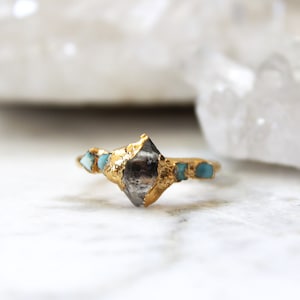 fire opal ring, herkimer diamond, raw stone jewelry, statement jewelry, textured gold, one of a kind, october birthstone, gift for her