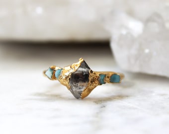 fire opal ring, herkimer diamond, raw stone jewelry, statement jewelry, textured gold, one of a kind, october birthstone, gift for her