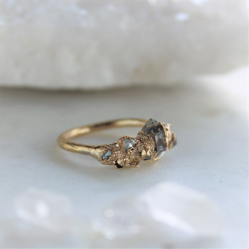 herkimer diamond ring, pearl ring, wedding jewelry, bridal jewelry, raw crystal jewelry, raw stone ring, June birthstone image 2