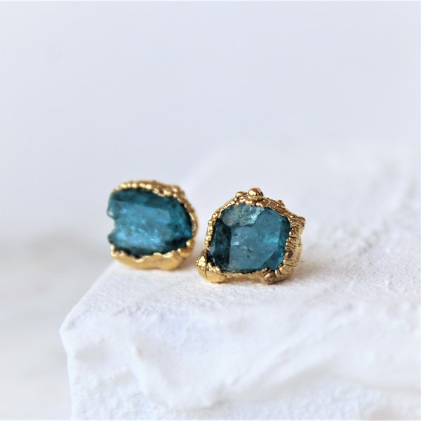 apatite earrings, partially faceted, crystal earrings, gold stud earrings, raw apatite earrings, blue stone earrings, gift for her