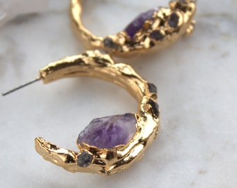 Amethyst earrings, herkimer diamond, Raw gemstone, February birthstone, Gift for her, Gold earrings, Purple stone, amethyst hoops