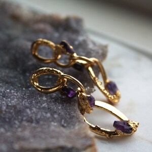 amethyst earrings, february birthstone, raw amethyst, gold earrings, gold hoops, statement earrings