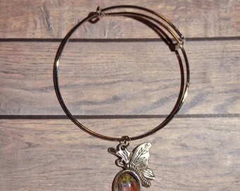 Sunset Moth bangle bracelete- Real butterfly wing jewelry - glass cabochon - cruelty free-  Ready to Ship - Free Shipping