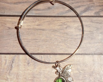 Green birdwing butterfly bangle bracelete- Real butterfly wing jewelry - glass cabochon - cruelty free-  Ready to Ship - Free Shipping