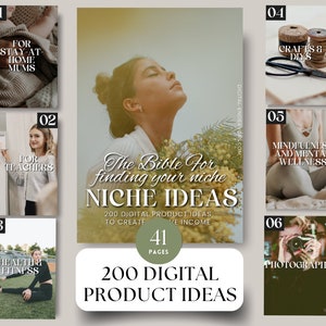 Puede incluir: Un collage de imágenes con superposiciones de texto, que muestra diferentes ideas de nichos para productos digitales. El título dice "The Bible For Finding Your Niche Niche Ideas 200 Digital Product Ideas To Create Passive Income". Las imágenes incluyen a una mujer meditando, una mujer enseñando, una mujer haciendo ejercicio, una mujer haciendo manualidades y una mujer tomando una foto.