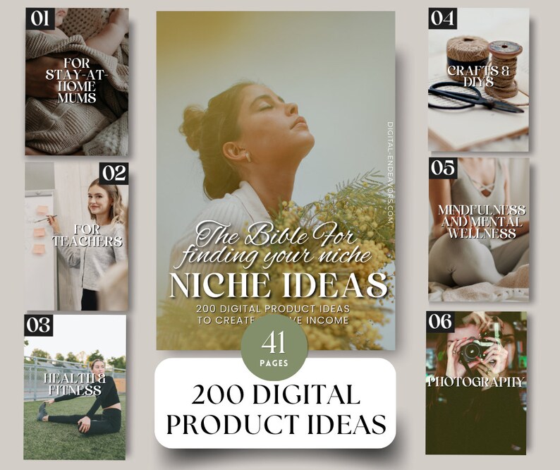 May include: A collage of images with text overlays, showcasing different niche ideas for digital products. The title reads "The Bible For Finding Your Niche Niche Ideas 200 Digital Product Ideas To Create Passive Income". The images include a woman meditating, a woman teaching, a woman working out, a woman crafting, and a woman taking a photo.