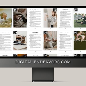 May include: A computer screen displaying a website with nine different digital product ideas. The website is called "Digital Endeavors.com". The product ideas include "For Stay-At-Home Mums", "For Teachers", "Health & Fitness", "Crafts & DIY", "Mindfulness & Mental Wellness", "Photography", "Homestead", "Home Organisation", and "Photography".