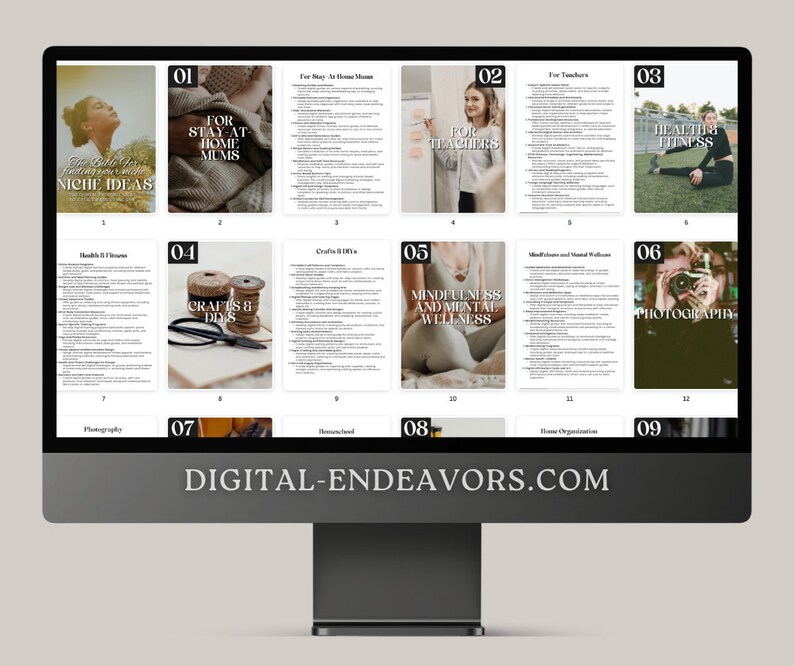 May include: A computer screen displaying a website with nine different digital product ideas. The website is called "Digital Endeavors.com". The product ideas include "For Stay-At-Home Mums", "For Teachers", "Health & Fitness", "Crafts & DIY", "Mindfulness & Mental Wellness", "Photography", "Homestead", "Home Organisation", and "Photography".