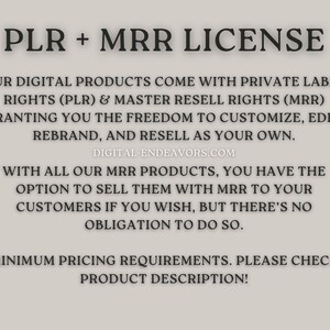May include: Text on a white background explaining that digital products come with private label rights (PLR) and master resell rights (MRR). The text states that buyers have the freedom to customize, edit, rebrand, and resell the products as their own. The text also states that buyers have the option to sell the products with MRR to their customers, but there is no obligation to do so. The text also states that there are minimum pricing requirements and to check the product description for more information.