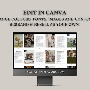 May include: A computer screen displaying a digital product mockup with the text "EDIT IN CANVA" and "CHANGE COLOURS, FONTS, IMAGES AND CONTENT. REBRAND & RESELL AS YOUR OWN!" The mockup shows nine different digital products, each with a number and a title. The titles include "Niche Ideas", "For Stay At Home Moms", "Mindfulness and Mental Wellness", and "Photography". The website address "DIGITAL-ENDEAVORS.COM" is displayed at the bottom of the screen.