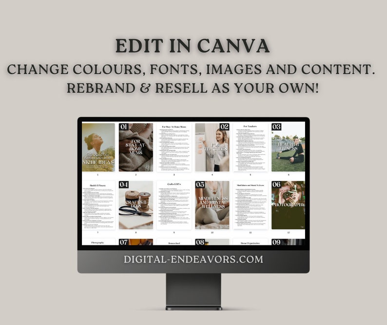 May include: A computer screen displaying a digital product mockup with the text "EDIT IN CANVA" and "CHANGE COLOURS, FONTS, IMAGES AND CONTENT. REBRAND & RESELL AS YOUR OWN!" The mockup shows nine different digital products, each with a number and a title. The titles include "Niche Ideas", "For Stay At Home Moms", "Mindfulness and Mental Wellness", and "Photography". The website address "DIGITAL-ENDEAVORS.COM" is displayed at the bottom of the screen.