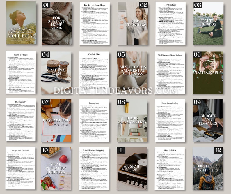 May include: A collage of 12 colourful squares, each with a number and a niche idea for a business. The niches include stay-at-home mums, teachers, health and fitness, crafts and DIY, mindfulness and mental wellness, photography, homeschooling, home organisation, budget and finances, meal planning and prepping, music and voice, and outdoor activities.