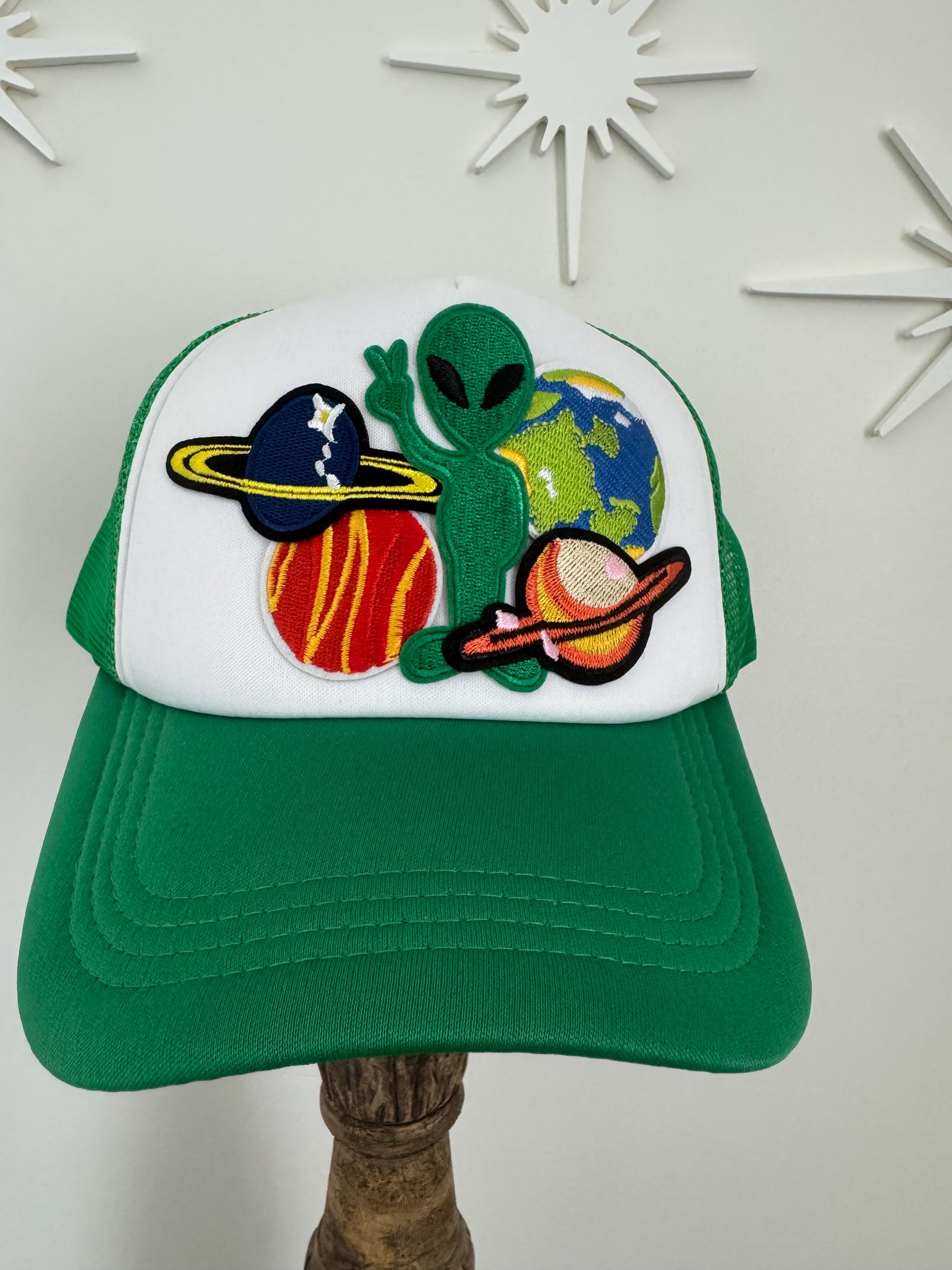 Black Trucker Hat with Alien and Space Patches RIVEMUG Alien Hat Green Alien Head Trucker Hat Flat Bill  main image 4
