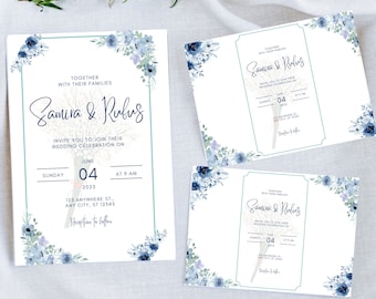Navy and white Wedding Invitation, DIY Invite Template, Editable Wedding Invitation Template, Instant Download, Printable Editable Invite